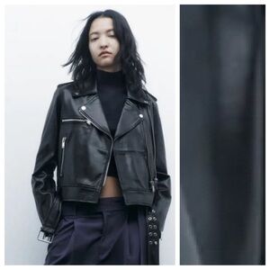 NWT. Zara Black Leather Biker Jacket. Size L.